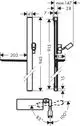 Hansgrohe Brausestange mit montagematerial, skizzierte Maße, Halterungen und Schwenkmechanismus, Darstellung in technischer Zeichnung mit verschiedenen Perspektiven.